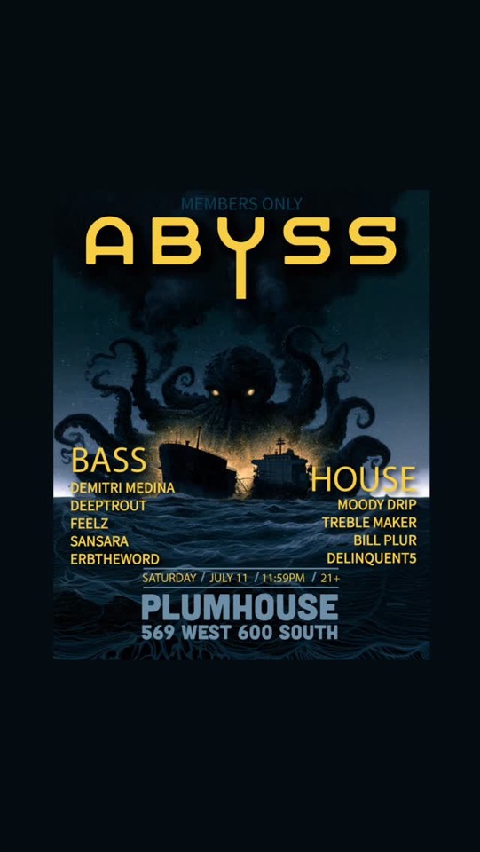 Abyss flyer: bass and house lineups at Plumhouse